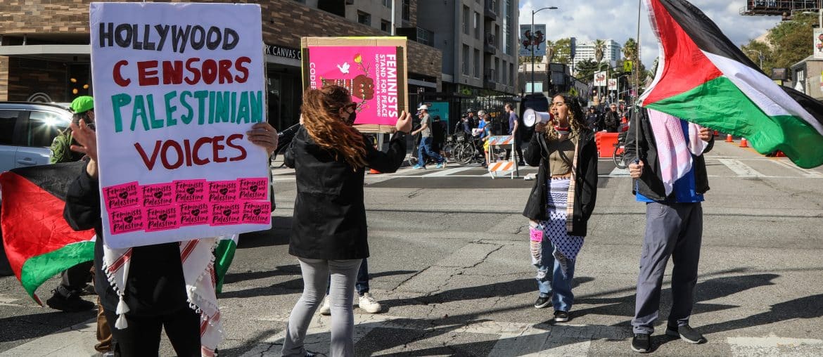 Entertainment Labor for Palestine activists protest outside the Academy Awards ceremony, on March 2, 2025. (Photo: Michelle Felix)