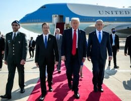 President Donald Trump is greeted by Israeli Prime Minister Benjamin Netanyahu and others after disembarking Air Force One at Ben Gurion International Airport in Israel, Monday, October 13, 2025, to celebrate the U.S.-brokered ceasefire and hostage release agreement between Israel and Hamas. (Official White House Photo by Daniel Torok)