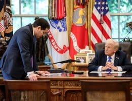 President Donald Trump meets with Secretary of State Marco Rubio to discuss the U.S. peace plan for Gaza in the Oval Office, Friday, October 3, 2025. (Official White House Photo by Molly Riley)