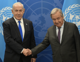UN Secretary-General António Guterres shakes hands with Israeli Prime Minister Benjamin Netanyahu on September 20, 2023, during the UN General Assembly in New York City (Source: Israeli Government Press Office)