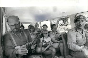 Women and children from the three hijacked aircraft leave Jordan's Revolution Airfield after being released, on September 8, 1970. Catherine Hodes can be seen in the center of the photo. (Photo: Keystone Pictures USA/ZUMAPRESS)