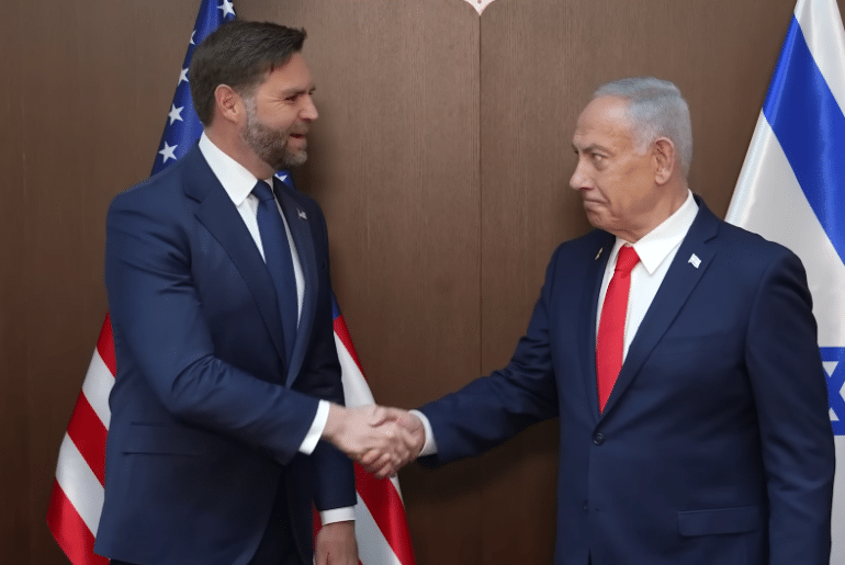 U.S. Vice President JD Vance and Israeli Prime Minister Benjamin Netanyahu meet in Israel amid accusations that the U.S. is "babysitting" Israel to make sure it adheres to the ceasefire with Hamas, October 22, 2025. (Photo: Screenshot from Israeli Prime Minister's Youtube Channel)