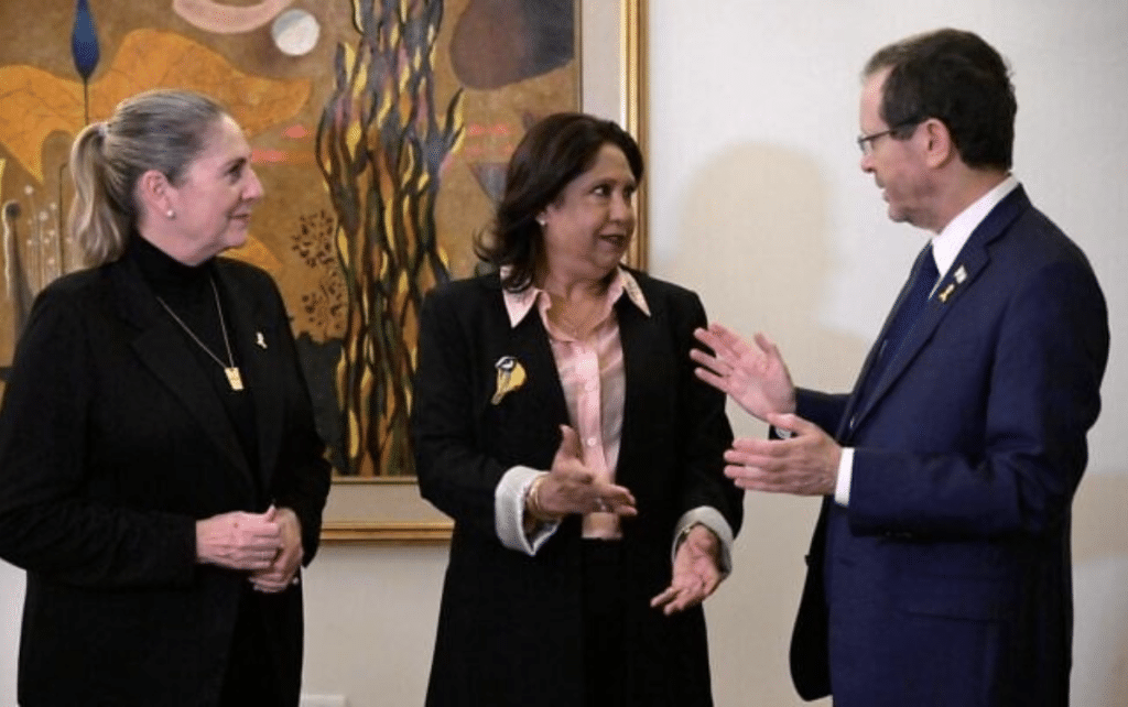 UN special representative on sexual violence in conflict Pramila Patten (center) meets with First Lady Michal Herzog (left) and President Isaac Herzog in Jerusalem on January 29, 2024. (Source: Amos Ben-Gershom / GPO)