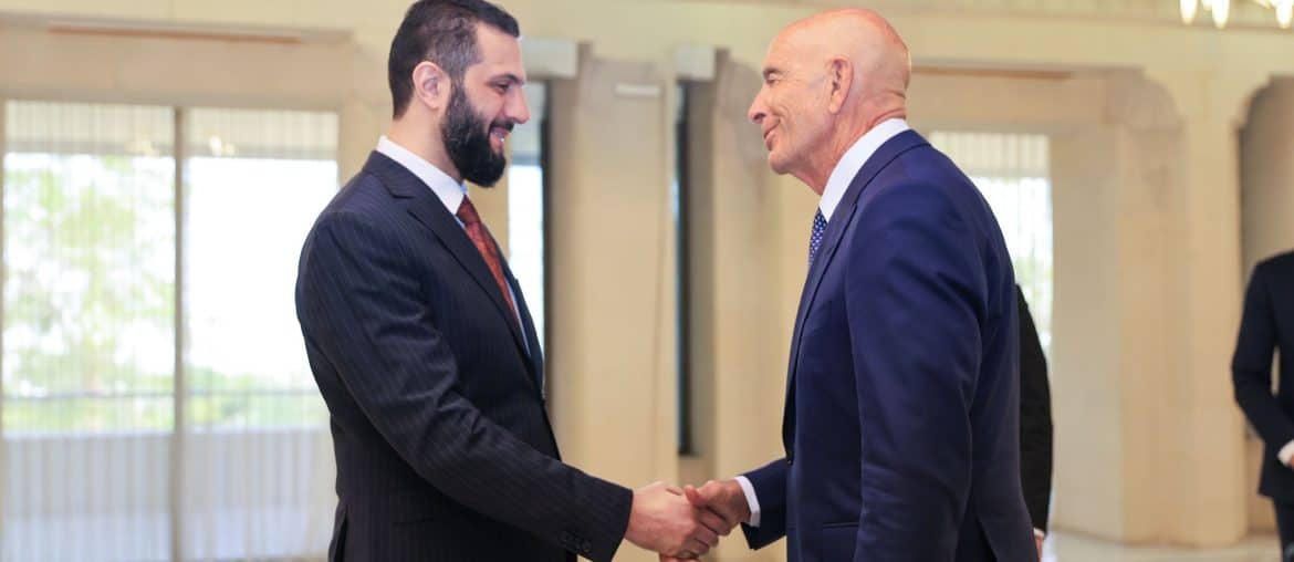Syrian President, Ahmad al-Sharaa, meets with U.S. Special Envoy to Syria Thomas Barrack and his accompanying delegation at the People's Palace in Damascus, Syria, on July 9, 2025. (Photo: Syrian Arab News Agency "SANA"/APA Images)