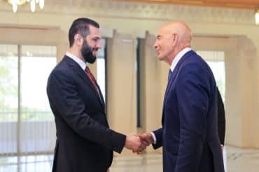Syrian President, Ahmad al-Sharaa, meets with U.S. Special Envoy to Syria Thomas Barrack and his accompanying delegation at the People's Palace in Damascus, Syria, on July 9, 2025. (Photo: Syrian Arab News Agency "SANA"/APA Images)