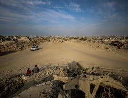 Destroyed buildings and rubble in the Al-Zaytoun neighborhood, south of Gaza City, following Israeli airstrikes, on November 12, 2025. (Photo by Omar Ashtawy/APA Images)