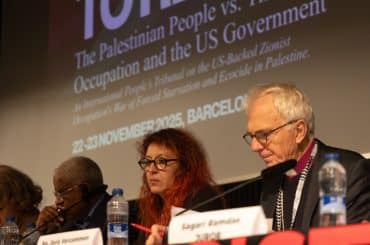 Jurors Abdessalam Kleiche, Ceren Uysal, and Bishop Joris Vercammen* hear testimony at the International People’s Tribunal on Palestine.