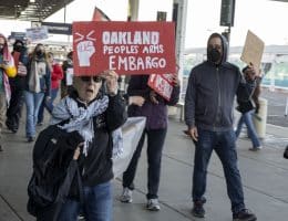 Protesters from the Oakland People’s Arms Embargo at Oakland International Airport. (Photo: Saman Qadir)