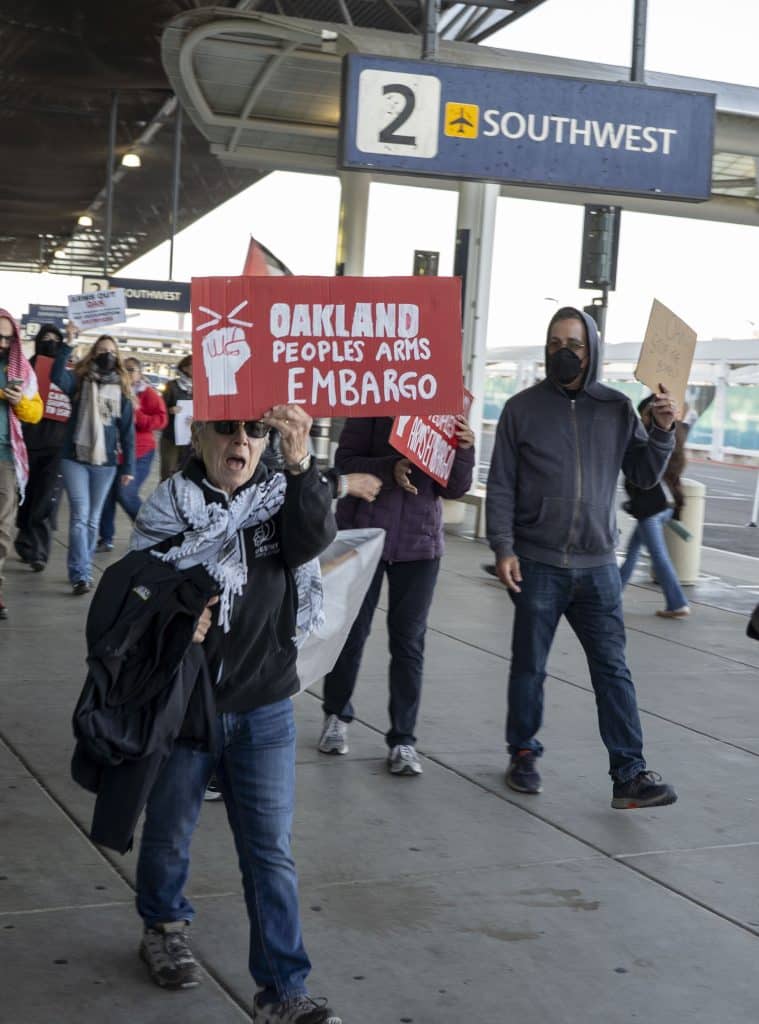 Protesters from the Oakland People’s Arms Embargo at Oakland International Airport. (Photo: Saman Qadir)