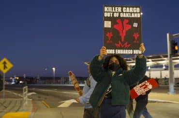 Protesters from the Oakland People’s Arms Embargo at Oakland International Airport. (Photo: Saman Qadir)
