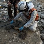 Civil defense teams in Khan Younis recover the bodies of four children from the Abu Hadrous family home in the al-Amal neighborhood, a year and a half after the house was targeted during the genocide in Gaza, December 21, 2025. (Photo: Tariq Mohammad/APA Images)