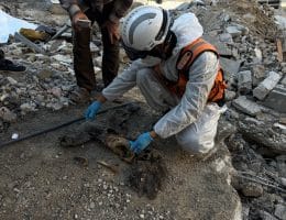 Civil defense teams in Khan Younis recover the bodies of four children from the Abu Hadrous family home in the al-Amal neighborhood, a year and a half after the house was targeted during the genocide in Gaza, December 21, 2025. (Photo: Tariq Mohammad/APA Images)
