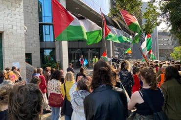 Trinity College Dublin students gathered for an announcement of full institutional divestment and academic boycotts of Israeli institutions. (Photo via @jennymaguir on Twitter/X)