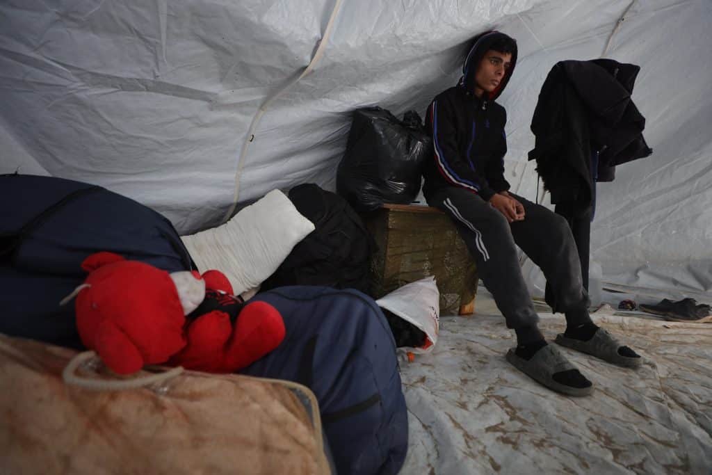 Ahmad Abu Saada in the tent where his wife, Walaa Juha, died in his arms three days after their wedding after a wall collapsed on their tent due to a winter storm, January 7, 2025. (Photo: Omar Ashtawy/APA Images)