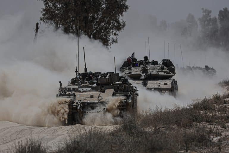 Israeli army tank deploys near the Gaza border, May 20, 2025. (Photo: © Saeed Qaq/ZUMA Press Wire/ZUMA Wire/APA Images)