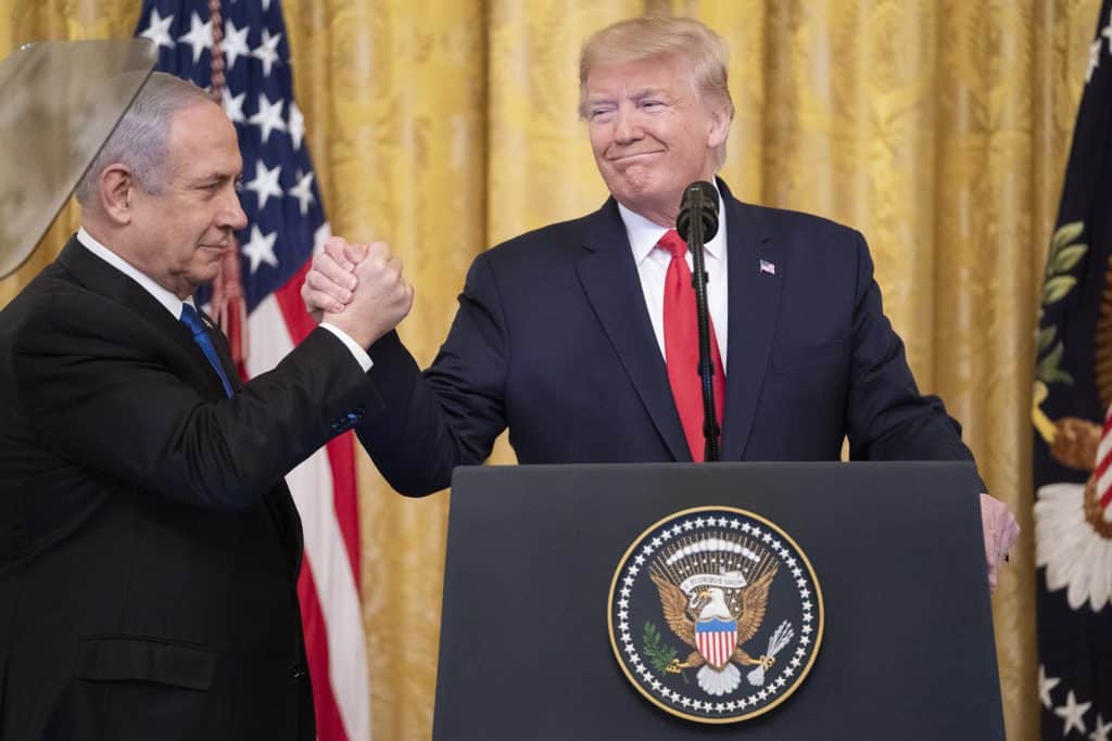 U.S. President Donald Trump delivers remarks with Israeli Prime Minister Benjamin Netanyahu, January 28, 2020, in the East Room of the White House to unveil details of the Trump administration’s Middle East Peace Plan. (Photo: Official White House Photo by Shealah Craighead/Flickr)