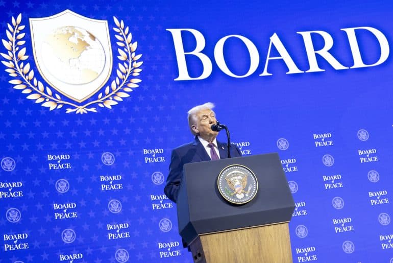 Donald Trump announces the "Board of Peace" on January 22, 2026, at the World Economic Forum in Davos, Switzerland.(Photo: ©2026 World Economic Forum / Benedikt von Loebell)