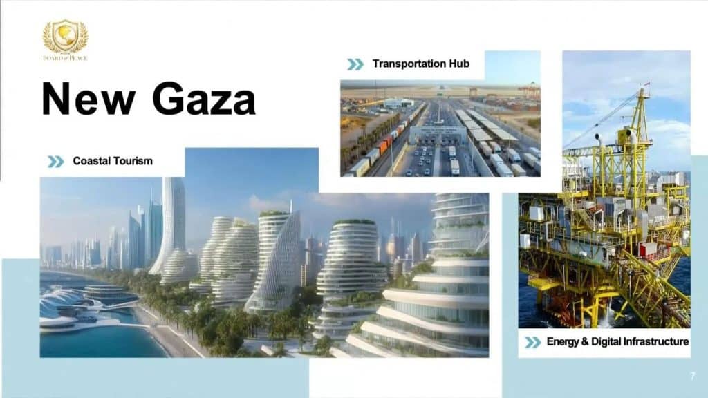 Slides from the recently unveiled plan for Gaza's postwar reconstruction, under the supervision of the U.S.-sanctioned "Board of Peace." (Photo: Social Media)