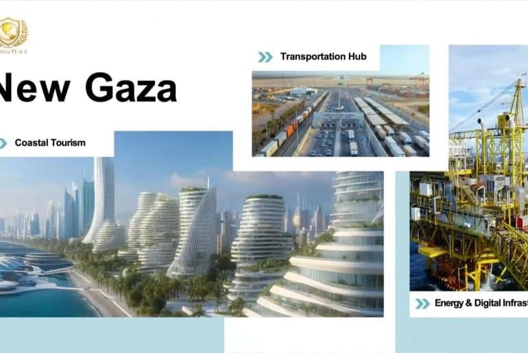 Slides from the recently unveiled plan for Gaza's postwar reconstruction, under the supervision of the U.S.-sanctioned "Board of Peace." (Photo: Social Media)