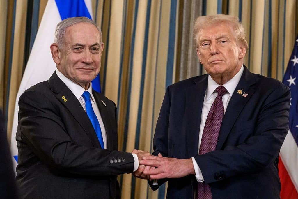 President Donald Trump and Israeli Prime Minister Benjamin Netanyahu shake hands after joint press conference announcing the U.S. peace plan for Gaza, Monday, September 29, 2025, in the State Dining Room of the White House. (Official White House Photo by Joyce N. Boghosian)