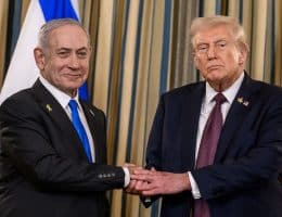 President Donald Trump and Israeli Prime Minister Benjamin Netanyahu shake hands after joint press conference announcing the U.S. peace plan for Gaza, Monday, September 29, 2025, in the State Dining Room of the White House. (Official White House Photo by Joyce N. Boghosian)