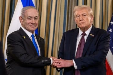 President Donald Trump and Israeli Prime Minister Benjamin Netanyahu shake hands after joint press conference announcing the U.S. peace plan for Gaza, Monday, September 29, 2025, in the State Dining Room of the White House. (Official White House Photo by Joyce N. Boghosian)