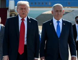 Donald Trump is greeted by Israeli Prime Minister Benjamin Netanyahu after disembarking Air Force One at Ben Gurion International Airport in Israel, Monday, October 13, 2025. (Official White House Photo by Daniel Torok)