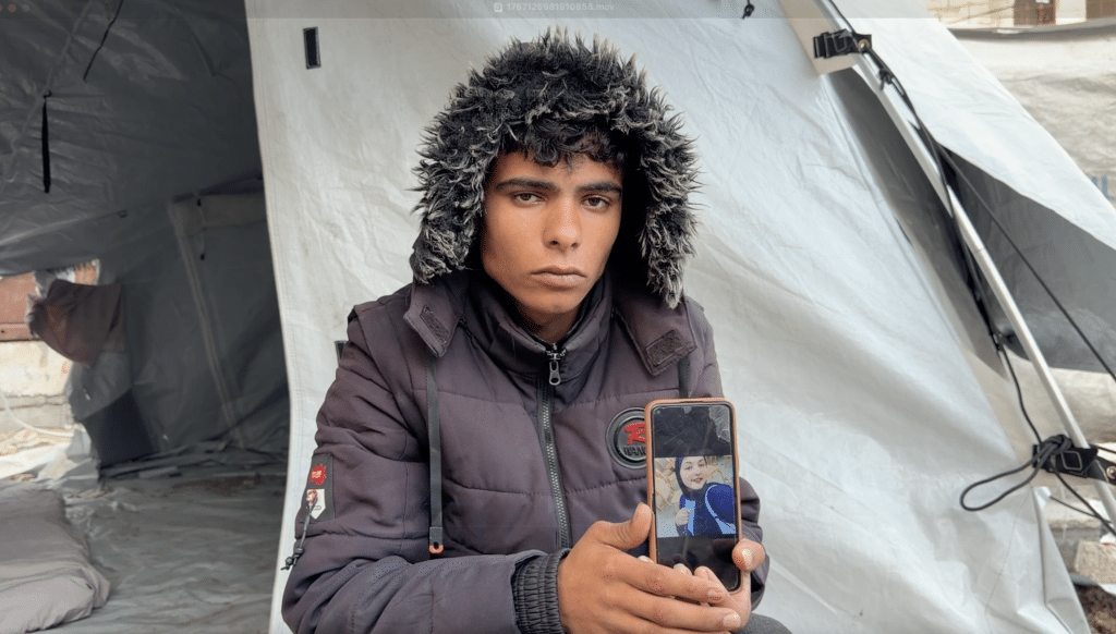 Ahmad Abu Saada in the tent where his wife, Walaa Juha, died in his arms three days after their wedding after a wall collapsed on their tent due to a winter storm, January 7, 2025. (Photo: Muhammad Eslayeh/Mondoweiss)