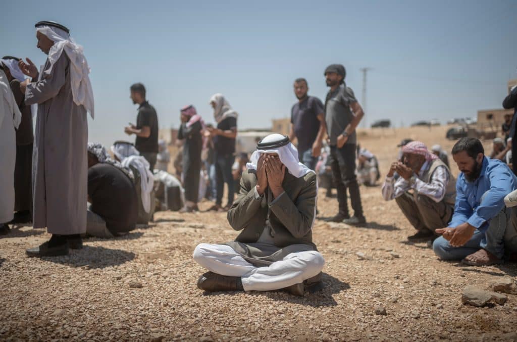 Palestinians attend the funeral of Awdah al-Hathaleen in Umm al-Khair, Masafer Yatta, August 7, 2025. (Photo: © Ilia Yefimovich/dpa via ZUMA Press/APA Images)