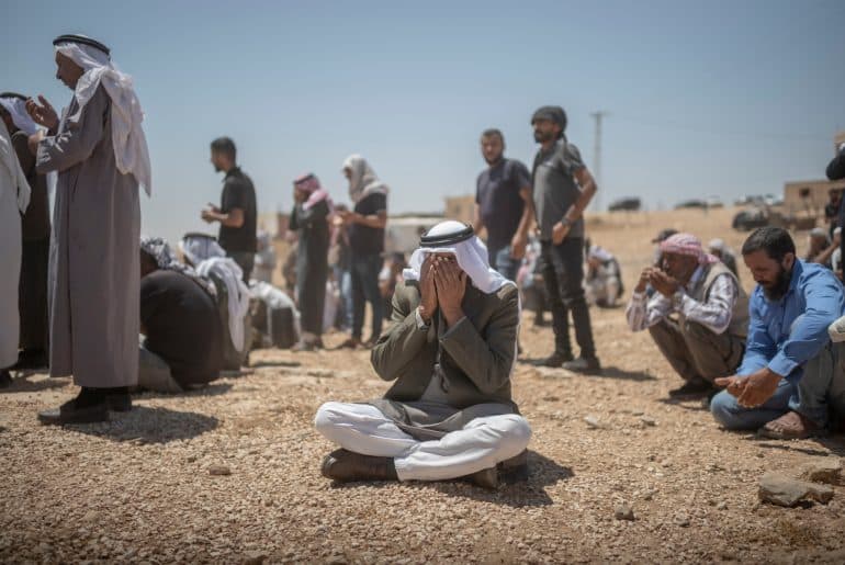 Palestinians attend the funeral of Awdah al-Hathaleen in Umm al-Khair, Masafer Yatta, August 7, 2025. (Photo: © Ilia Yefimovich/dpa via ZUMA Press/APA Images)