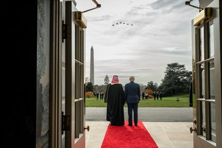 President Donald Trump and Crown Prince and Prime Minister Mohammed bin Salman Al Saud of Saudi Arabia observe a flyover during a welcome ceremony, Tuesday, November 18, 2025, at the South Portico of the White House. (Official White House Photo by Joyce N. Boghosian)