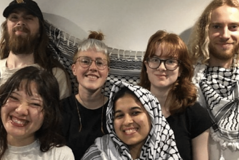 Palestine Action activists Jordan Devlin, Charlotte Head, Zoe Rogers, Samuel Corner, Leona Kamio and Fatema Zainab Rajwani/ August 2024. (Filton 24 Defence Committee)