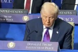 Donald Trump falls asleep at the first meeting of his so-called "Board of Peace." His head hangs forward as he is seen breathing slowly.