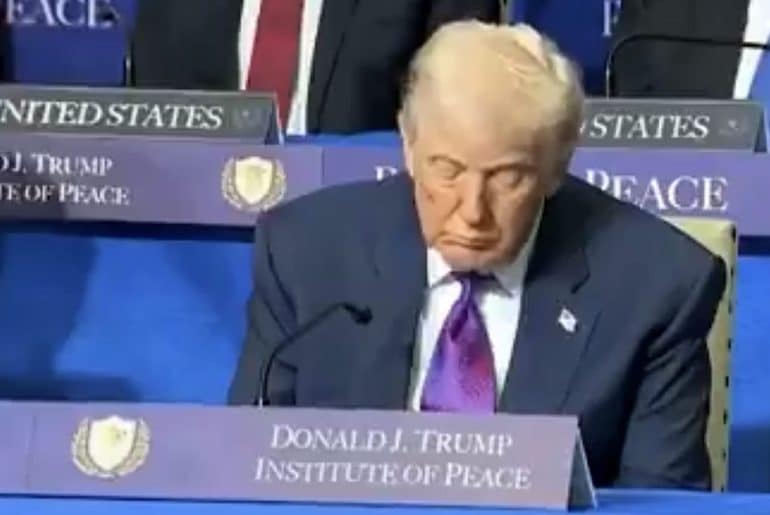 Donald Trump falls asleep at the first meeting of his so-called "Board of Peace." His head hangs forward as he is seen breathing slowly.