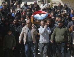 Residents of Yatta, south of Hebron, mourn the death of 27-year-old Amir Shanaran, who was killed by an Israeli settler, March 8, 2026. (Photo: Mamoun Wazwaz/APA Images)