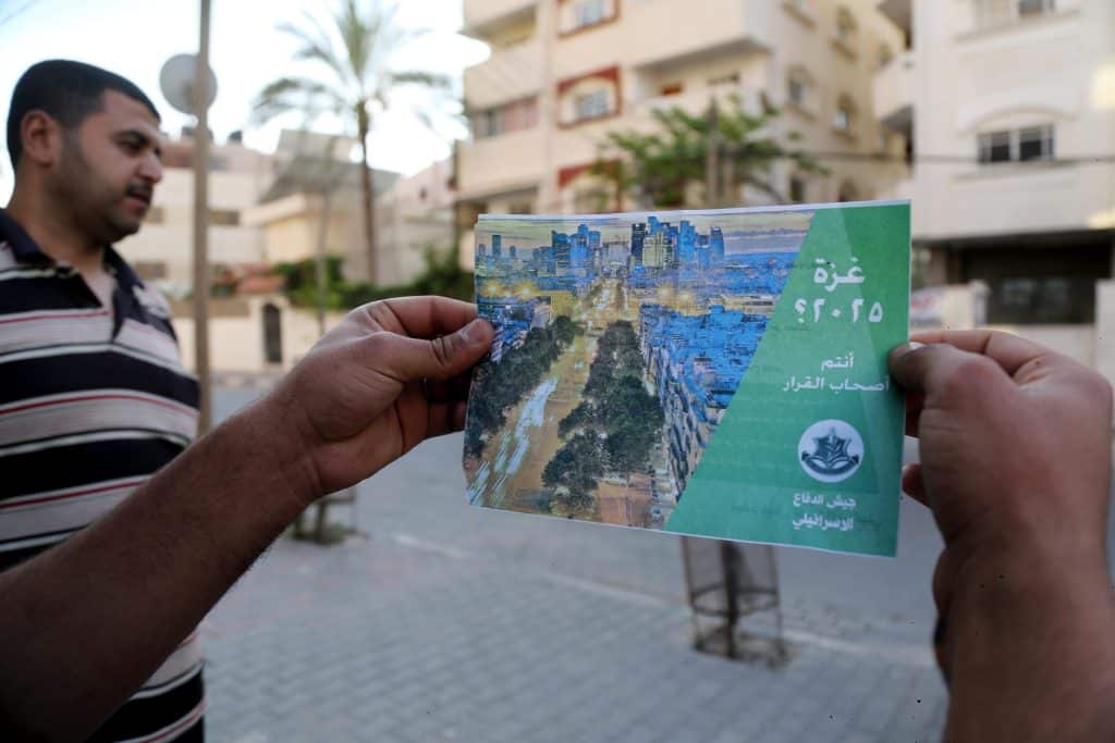 A leaflet dropped by Israel's air force across several districts of Gaza, warning Palestinians not to participate in the Great Return March, May 13, 2018. (Photo: Dawoud Abo Alkas/APA Images)