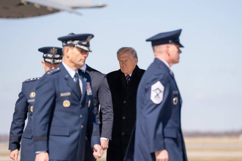 Donald Trump attends the transfer of six U.S. servicemembers killed in the Middle East, Wednesday, March 18, 2026, at Dover Air Force Base, Delaware. (Official White House Photo by Abe McNatt)