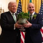 Irish Prime Minister Micheál Martin﻿ presenting a bowl of shamrocks to President Trump. (Photo: Micheál Martin﻿, Facebook)