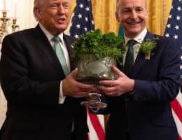 Irish Prime Minister Micheál Martin﻿ presenting a bowl of shamrocks to President Trump. (Photo: Micheál Martin﻿, Facebook)