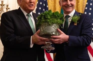 Irish Prime Minister Micheál Martin﻿ presenting a bowl of shamrocks to President Trump. (Photo: Micheál Martin﻿, Facebook)
