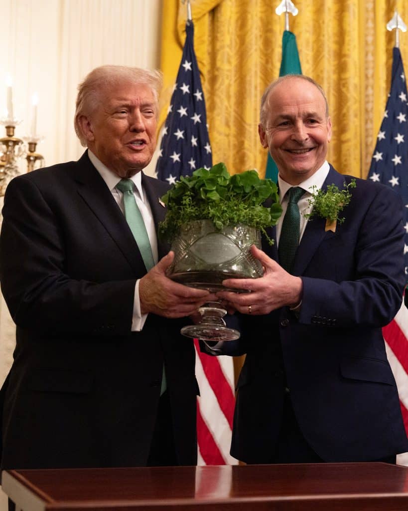 Irish Prime Minister Micheál Martin﻿ presenting a bowl of shamrocks to President Trump. (Photo: Micheál Martin﻿, Facebook)