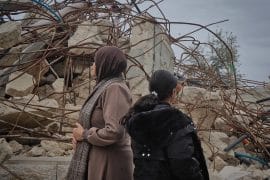 “Every hammer from the bulldozer was like a hammer to my heart,” says Najla Hamdia as she stares at the rubble of her home, demolished by Israeli military authorities in March 2026. (Photo: Qassam Muaddi/Mondoweiss)