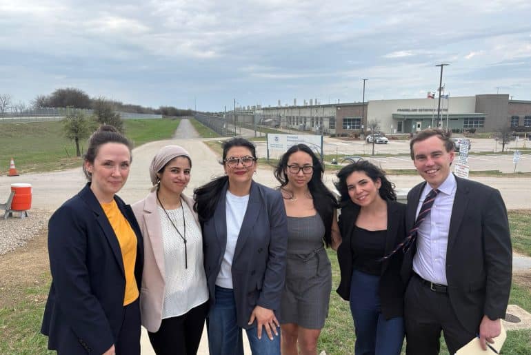 U.S. Congressional representative Rashida Tlaib (center) outside the Prarieland Detention Center in Texas with Leqaa Kordia's team.