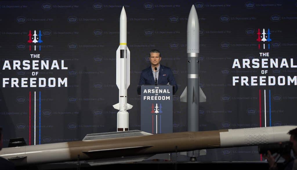 Secretary of War Pete Hegseth delivers remarks to L3Harris employees as part of his Arsenal of Freedom Tour, Camden, Ark., Feb. 27, 2026. (DoW photo by U.S. Navy Petty Officer 1st Class Alexander Kubitza)