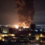 Oil facilities in Tehran on fire after U.S./Israel air strikes. March 2026 (Source: Social media)