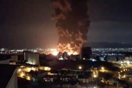 Oil facilities in Tehran on fire after U.S./Israel air strikes. March 2026 (Source: Social media)