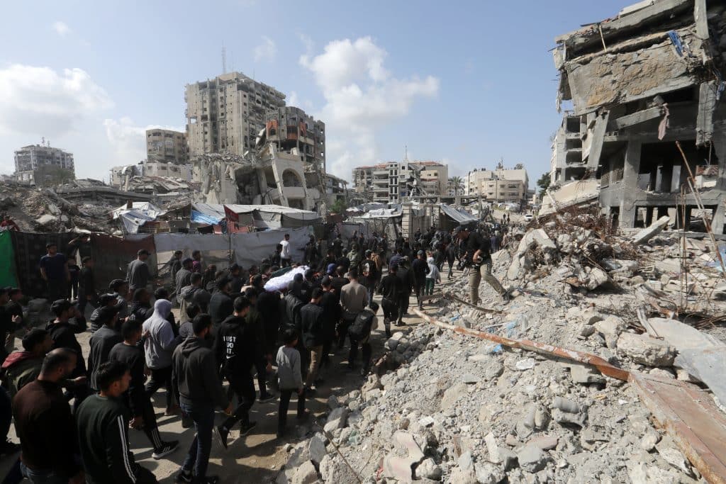 Palestinians bid farewell to two citizens killed in Israeli airstrikes in Gaza City, on April 6, 2026. (Photo: Bilal Osama/APA Images)