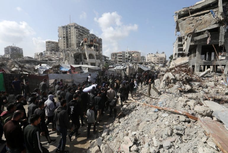 Palestinians bid farewell to two citizens killed in Israeli airstrikes in Gaza City, on April 6, 2026. (Photo: Bilal Osama/APA Images)
