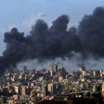 Smoke billows from Beirut's southern Dahiya suburb following Israeli airstrikes across Lebanon as a two-week ceasefire is announced in the U.S.-Israeli war on Iran, April 8, 2026. (Photo: © Marwan Naamani/dpa via ZUMA Press/APA Images)
