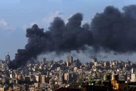 Smoke billows from Beirut's southern Dahiya suburb following Israeli airstrikes across Lebanon as a two-week ceasefire is announced in the U.S.-Israeli war on Iran, April 8, 2026. (Photo: © Marwan Naamani/dpa via ZUMA Press/APA Images)